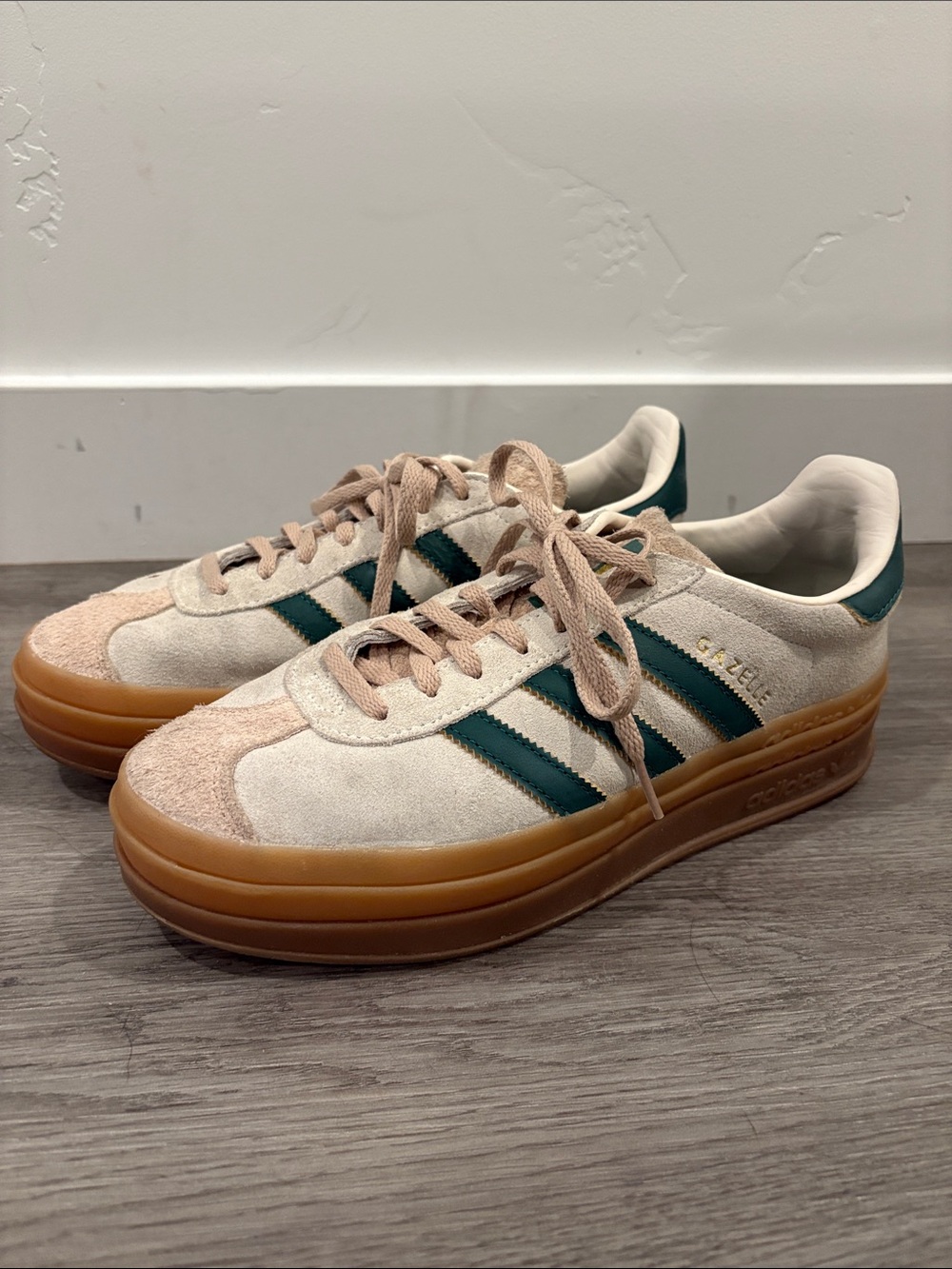 Women’s adidas Beige Suede Sneakers with Dark Green Stripes and Gum Sole